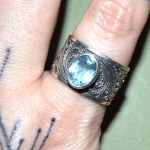 Aquamarine Sterling Silver Cigar Ring with Floral Inlay (Size 10)