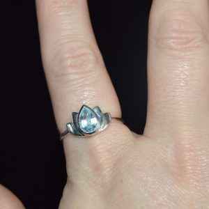 Sterling Silver Lotus Flower Ring with Aquamarine Stone Size 9