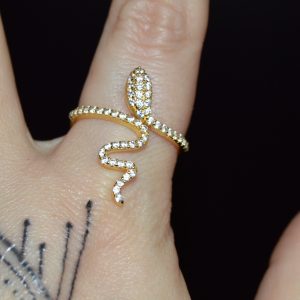 Yellow Gold-plated Sterling Silver Snake ring with CZ (size 8)